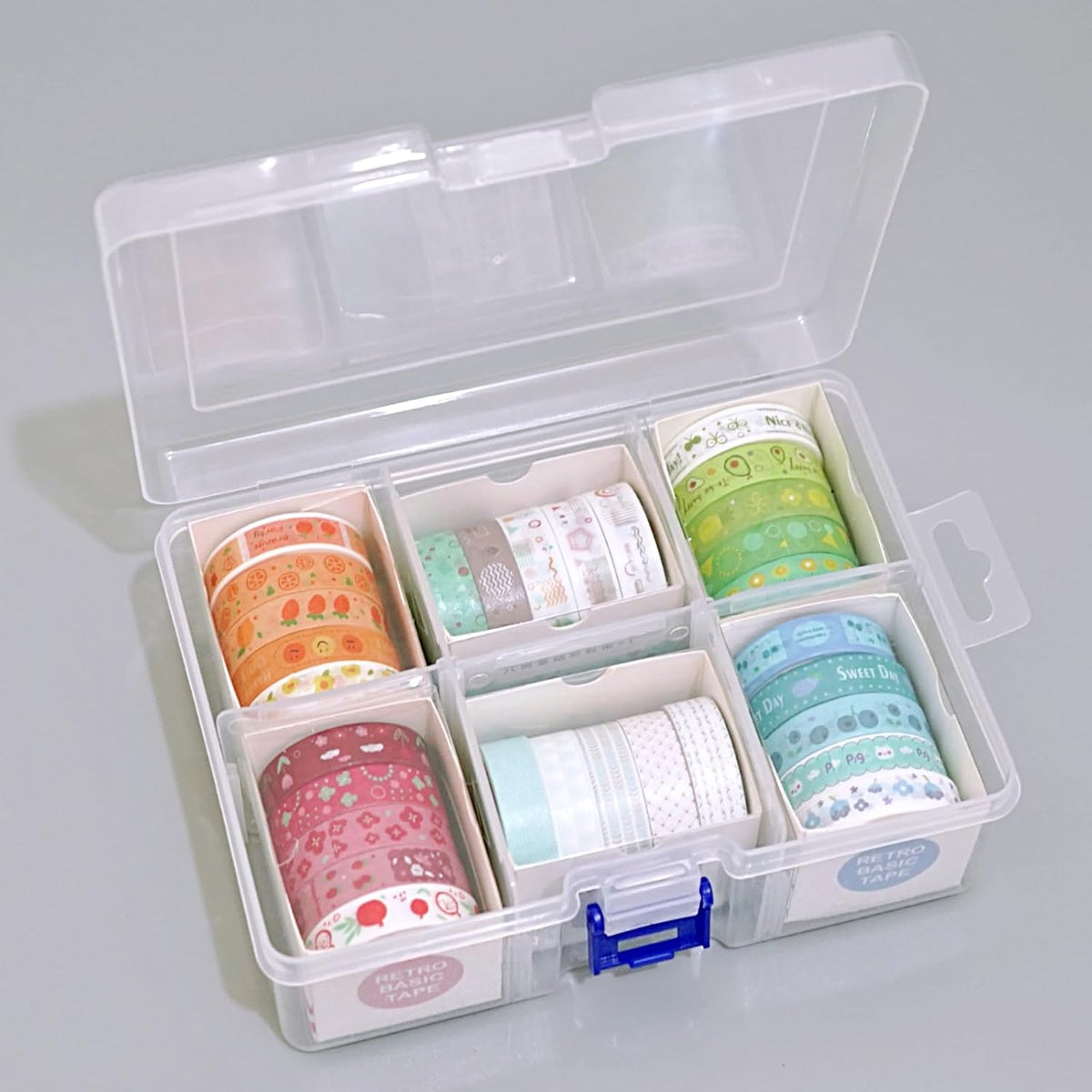 Washi Tape Storage Box, 6-Compartment Grid Slot Plastic Storage Box Jewelry Bead Tool for Washi Tape, Art Supplies and Sticker Container Organizer Case