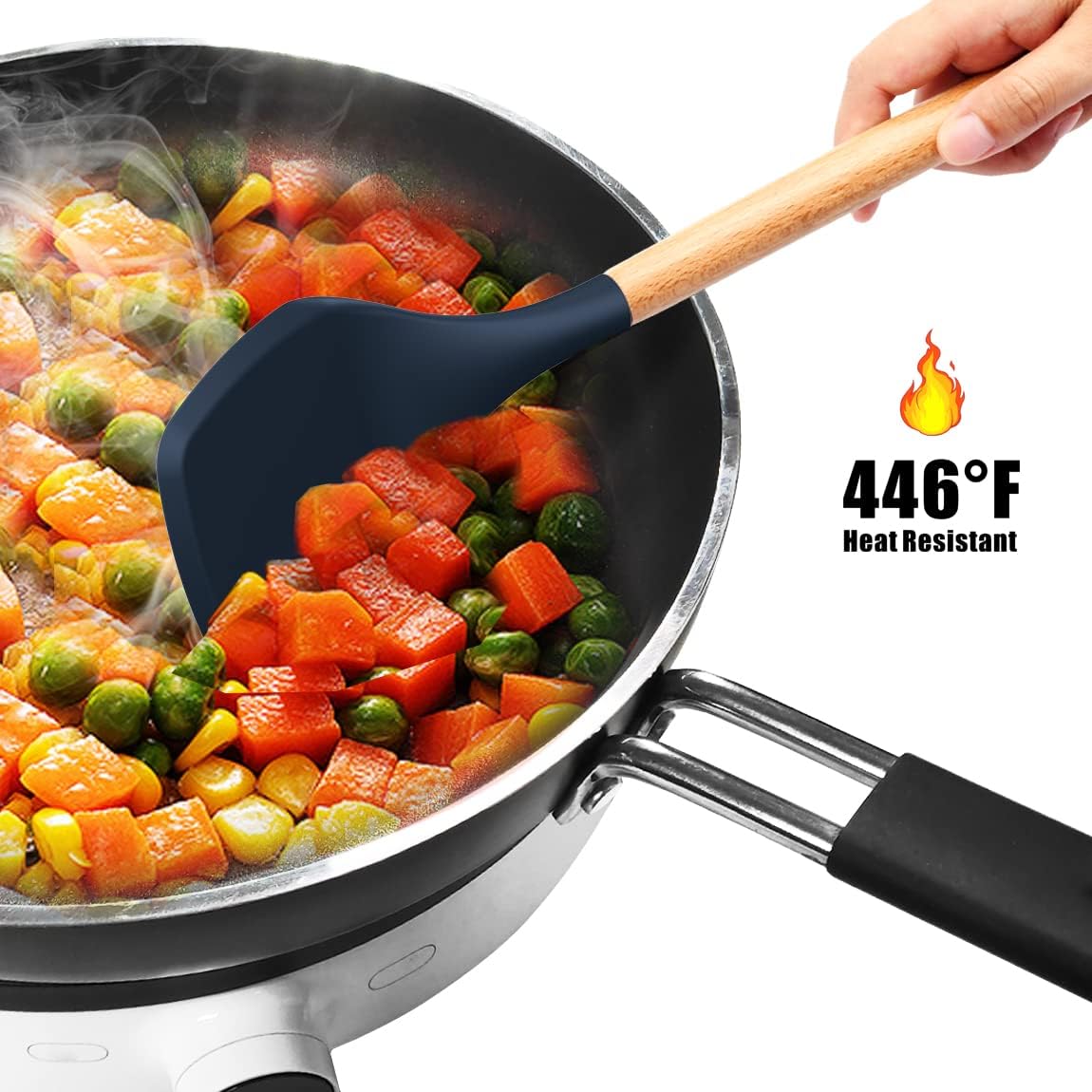 oannao Silicone Cooking Utensils Set - 446°F Heat Resistant Silicone Kitchen Utensils for Cooking,Kitchen Utensil Spatula Set w Wooden Handles, BPA FREE Gadgets for Non-Stick Cookware (Khaki)
