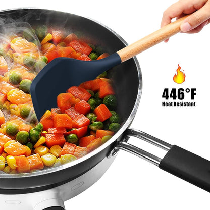 oannao Silicone Cooking Utensils Set - 446°F Heat Resistant Silicone Kitchen Utensils for Cooking,Kitchen Utensil Spatula Set w Wooden Handles, BPA FREE Gadgets for Non-Stick Cookware (Khaki)