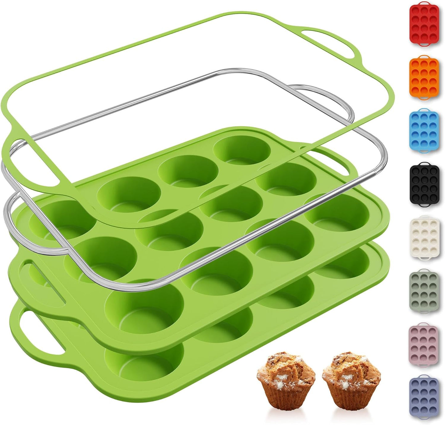 2 Packs 12 Cups Silicone Muffin Pan for Baking with Metal Reinforced Frame Regular Size Cupcake Pan Tray Egg Bites Silicone Cookie Molds Muffin Tin Tart Pans Sheet Set for Oven Dishwasher Safe