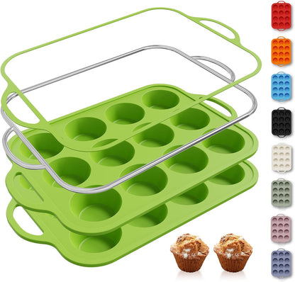 2 Packs 12 Cups Silicone Muffin Pan for Baking with Metal Reinforced Frame Regular Size Cupcake Pan Tray Egg Bites Silicone Cookie Molds Muffin Tin Tart Pans Sheet Set for Oven Dishwasher Safe