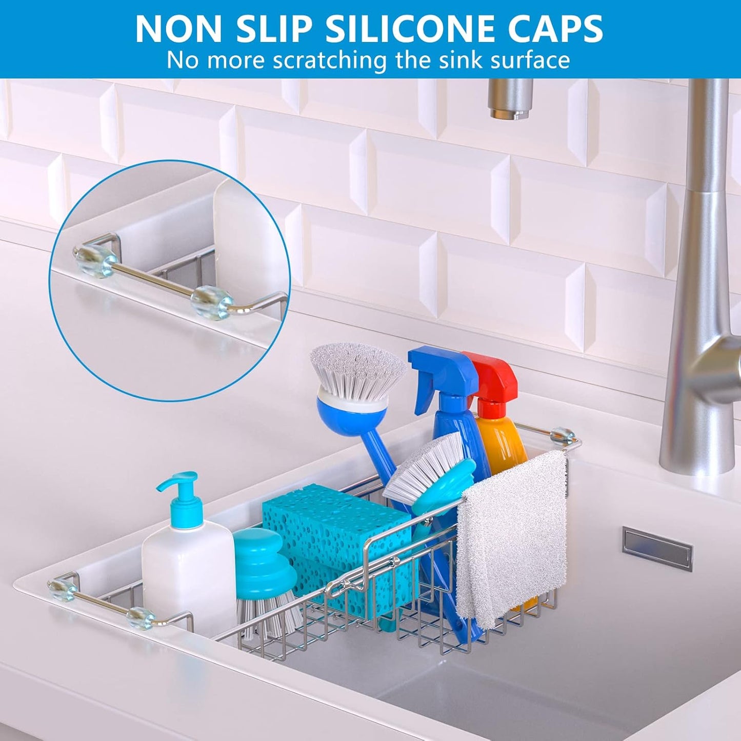 Over The Kitchen Sink Caddy Sponge Holder Organizer Drying Rack Expandable for Sponge Brush Soap Dish Cloth Rag 14.5" to 22", Stainless Steel