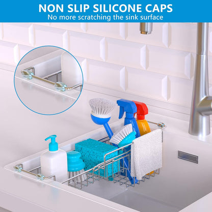 Over The Kitchen Sink Caddy Sponge Holder Organizer Drying Rack Expandable for Sponge Brush Soap Dish Cloth Rag 14.5" to 22", Stainless Steel