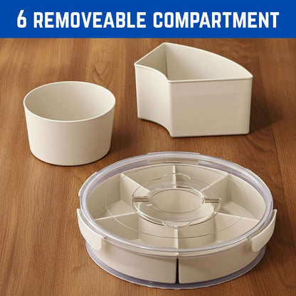 2 Pack Rotating Snackle Box Container with Lid and Handle | 6 Compartments Round Lazy Susan 360° Divided Serving Tray, Portable Clear Organizer for Fruit, Candy, Veggies, Charcuterie, Party & Picnic