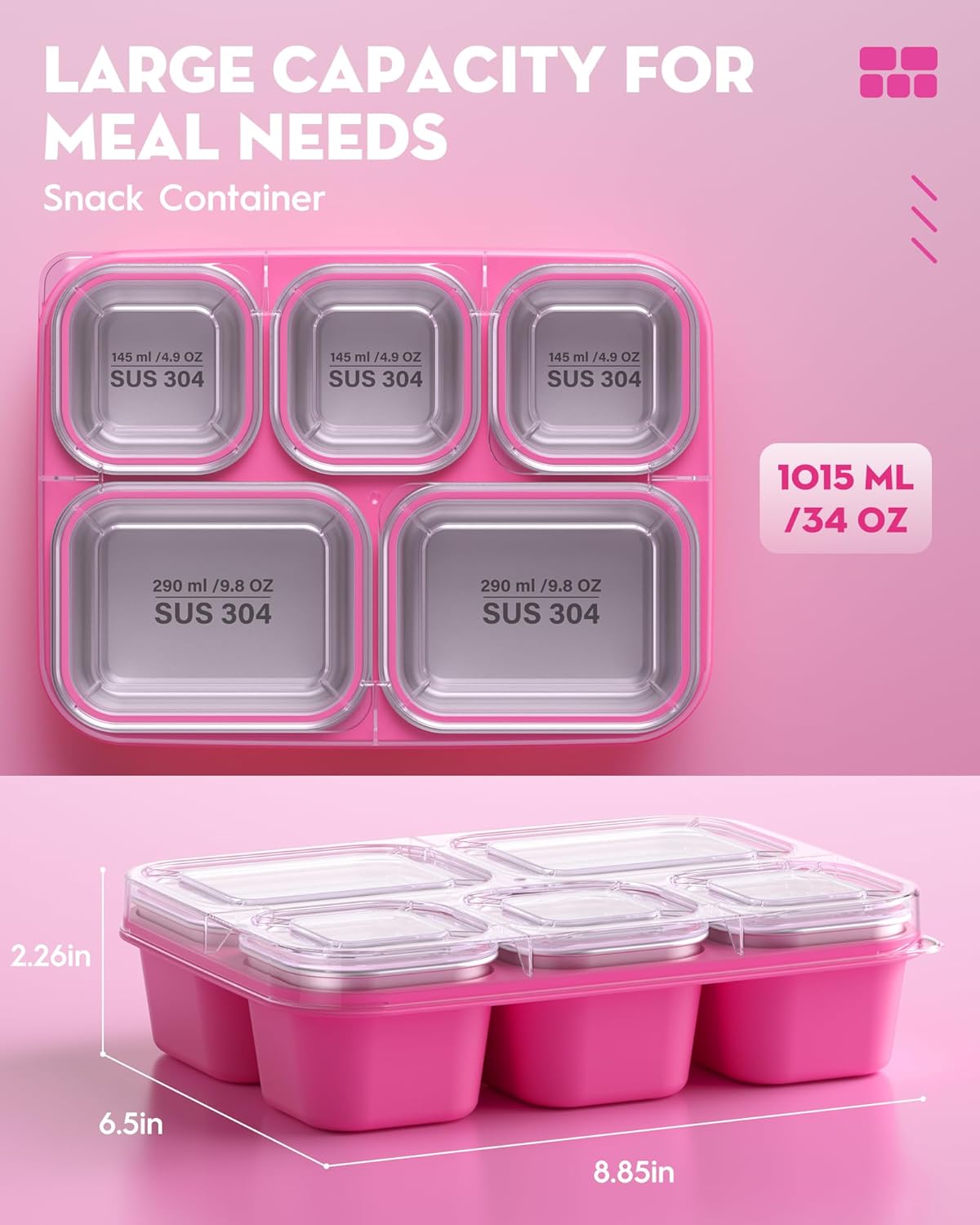 BiuLeon Snackle Box Containers, Stainless Steel 5 Compartments Divided Serving Tray with Lid, Removable LeakProof Portable Bento Box for Fruit Candy Nuts Food - School, Picnic and Travel（Blue）