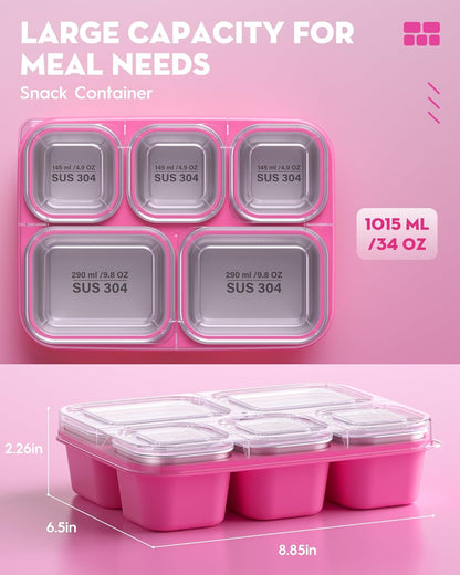 BiuLeon Snackle Box Containers, Stainless Steel 5 Compartments Divided Serving Tray with Lid, Removable LeakProof Portable Bento Box for Fruit Candy Nuts Food - School, Picnic and Travel（Blue）