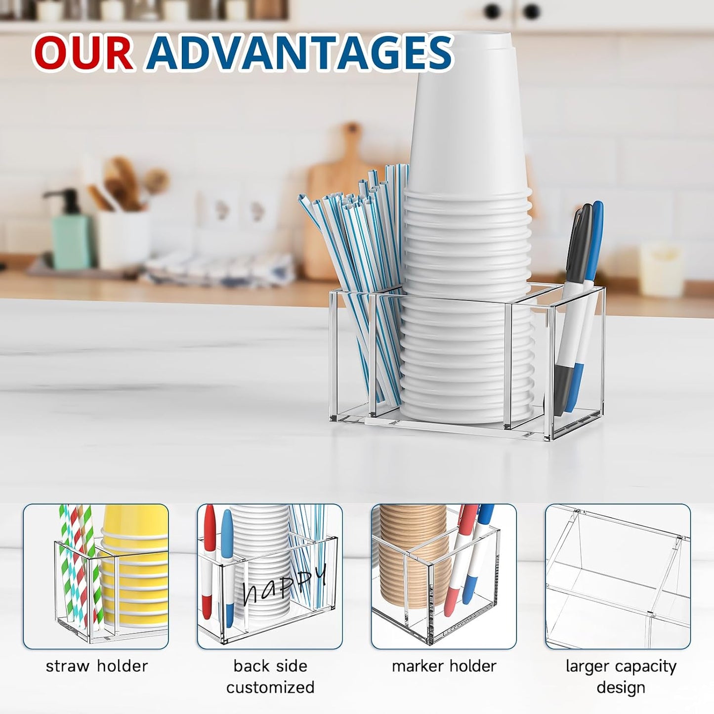 KOTEMON Cup Holder with Marker Slot - Mark Your Cup and Drink Up Party Cup Holder Dispenser Compatible with Solo Cup, Countertop Cup Organizer for Party Decoration Kitchen Housewarming, Clear Acrylic