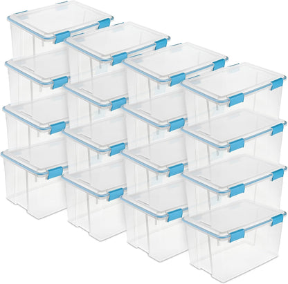 Sterilite 80 Qt Gasket Box, Stackable Storage Bin with Latching Lid and Tight Seal, Plastic Container to Organize Basement, Clear Base and Lid, 1-Pack