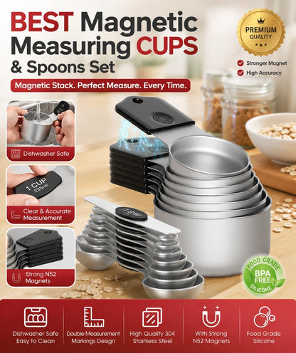Magnetic Measuring Cups and Spoons Set304 Stainless Steel Dual Scale Set of 15, Strong N52 Magnetic Nesting Design with Leveler, for Dry&Liquid Ingredients, Dishwasher Safe(Colorful)