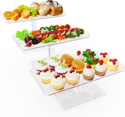 Bakzon 3 Piece Cupcake Stand, Acrylic Dessert Table Display Set, Clear Square Serving Trays for Birthday, Wedding, Baby Shower