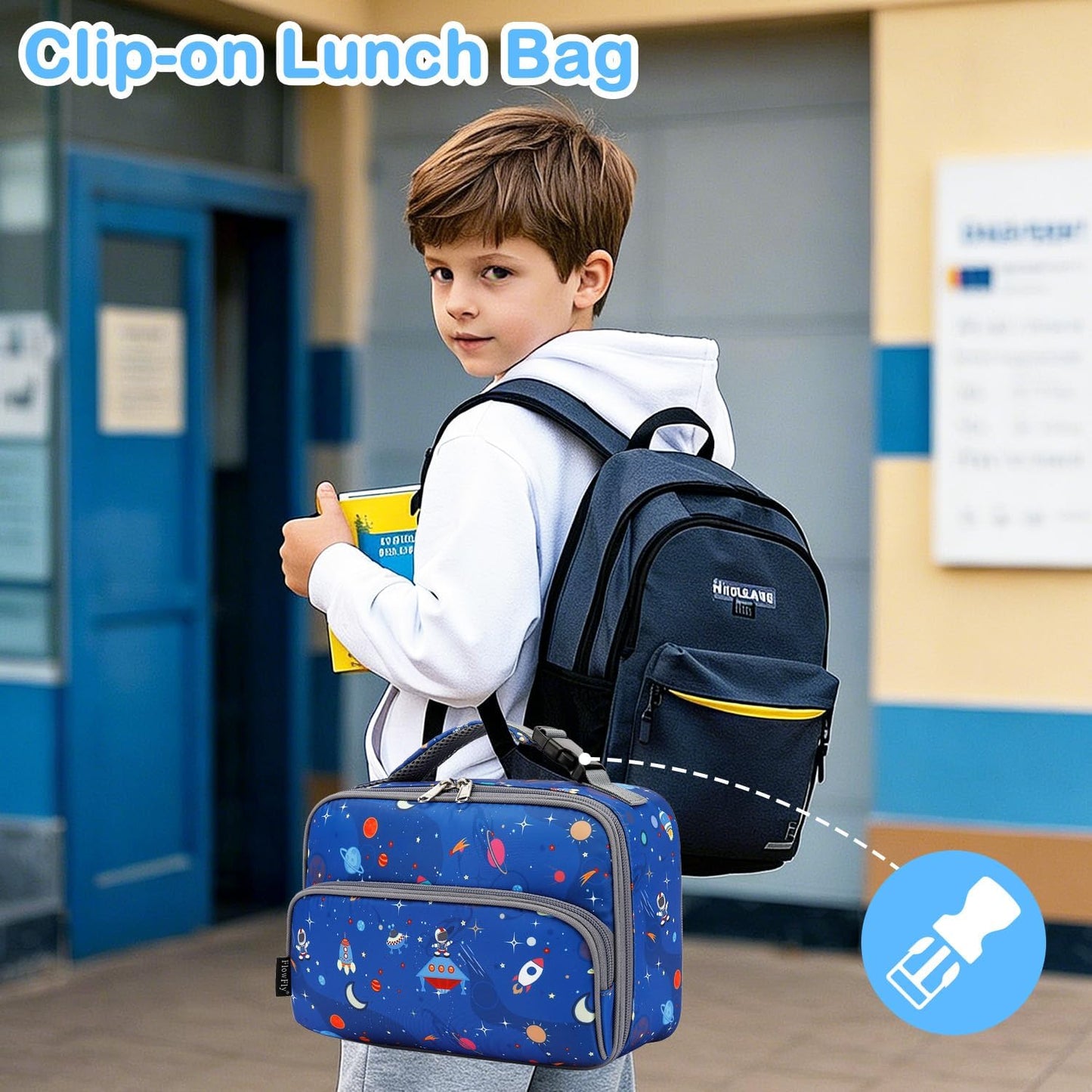 FlowFly Kids Lunch box Insulated Soft Bag Mini Cooler Back to School Thermal Meal Tote Kit for Girls, Boys, Astronaut - Colors B