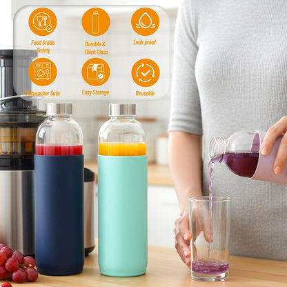 Clear Glass Bottles with Lids 18 oz, Reusable Glass Water Bottles with Stainless Steel Cap for Refrigerator, Juicing, 100% Leak Proof, BPA Free, Juice Bottle Drinking Jar Containers Set of 6