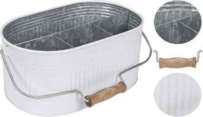 Alpha Living Home Galvanized Metal Utensil Caddy - Rustic Farmhouse Organizer Metal Garden Caddy with 4 Compartments and Wooden Handle for Kitchen, Buffet & Outdoor Events (Silver)
