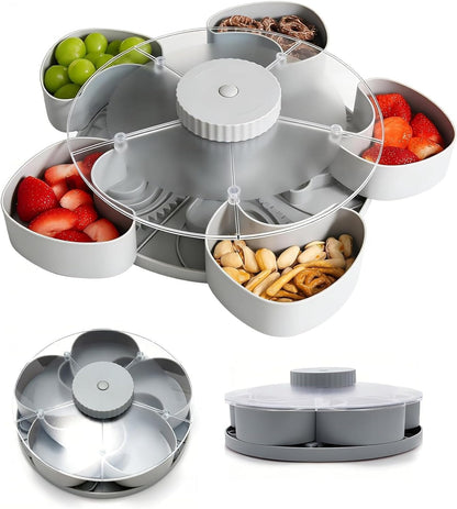 Divided Spin Snack Tray, New 5-Compartment Rotating Snack Tray, Rotating Snack Box Container with Lid, Perfect for Snacks, Fruit & Party Appetizers (Grey)