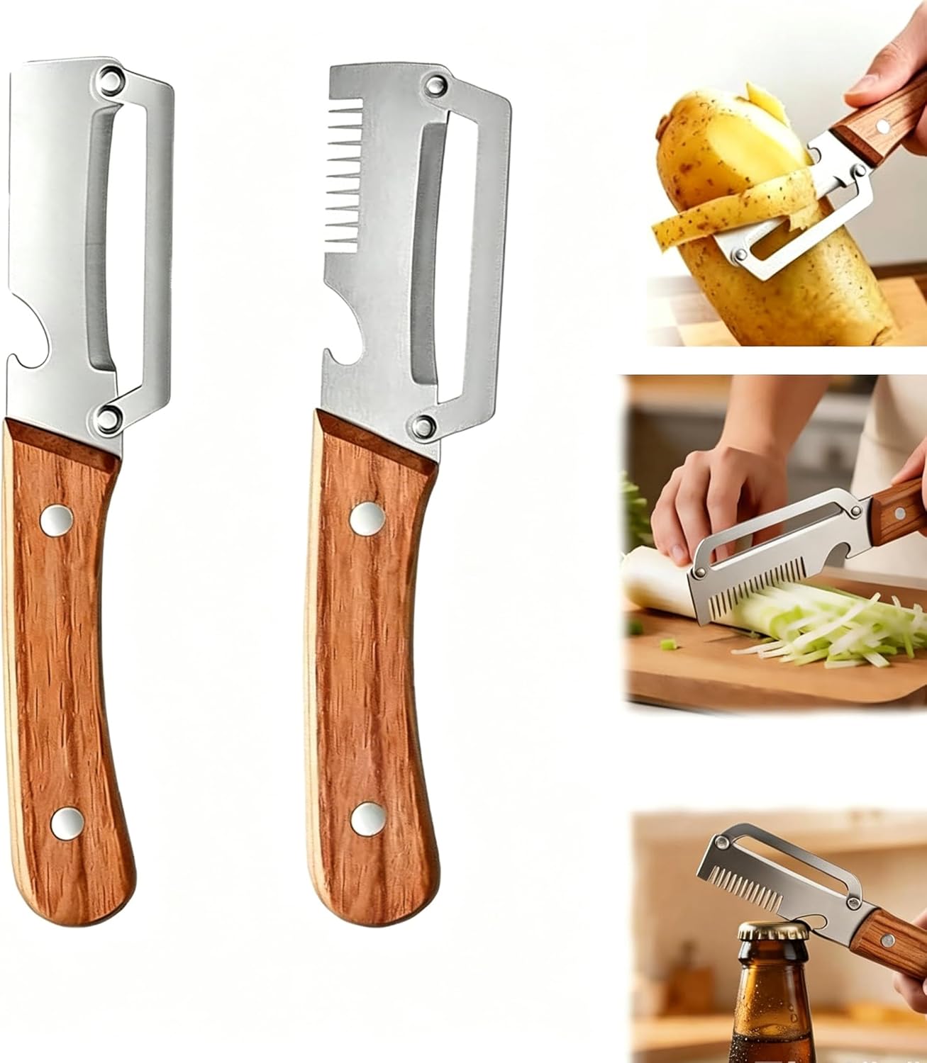 2 Pcs Multi-Functional Vegetable Peeler for Kitchen, Features Solid Wood Handles, 3-in-1 Fruit Peeler with Bottle Opener and Grater, Julienne Peeler, Vegetable Shredder for Potato, Carrot, Fruits