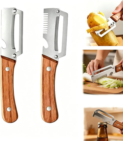 2 Pcs Multi-Functional Vegetable Peeler for Kitchen, Features Solid Wood Handles, 3-in-1 Fruit Peeler with Bottle Opener and Grater, Julienne Peeler, Vegetable Shredder for Potato, Carrot, Fruits
