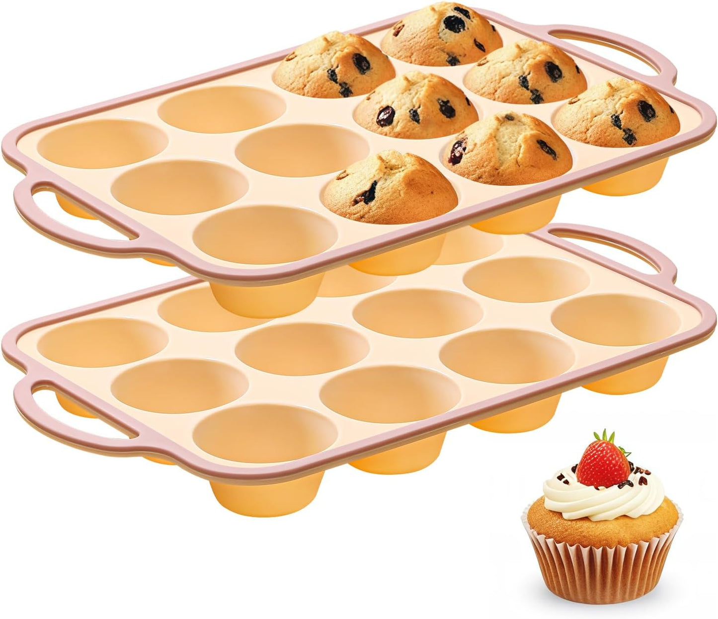 Silicone Muffin Pans for Baking 2 Pack, 2.6 Inch with Metal Reinforced Frame, Regular Size Nonstick Cupcake Pan 12 Cups for Baking Homemade Muffins, Dishwasher Safe BPA Free-Blue