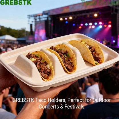 GREBSTK 30 Pack Disposable Taco Holders, Compostable Bagasse Pulp Taco Plates with 3 Dividers for Taco Tuesday Party, Lazy Susan Bar Serving Set for Tacos, Hot Dogs, Sandwiches