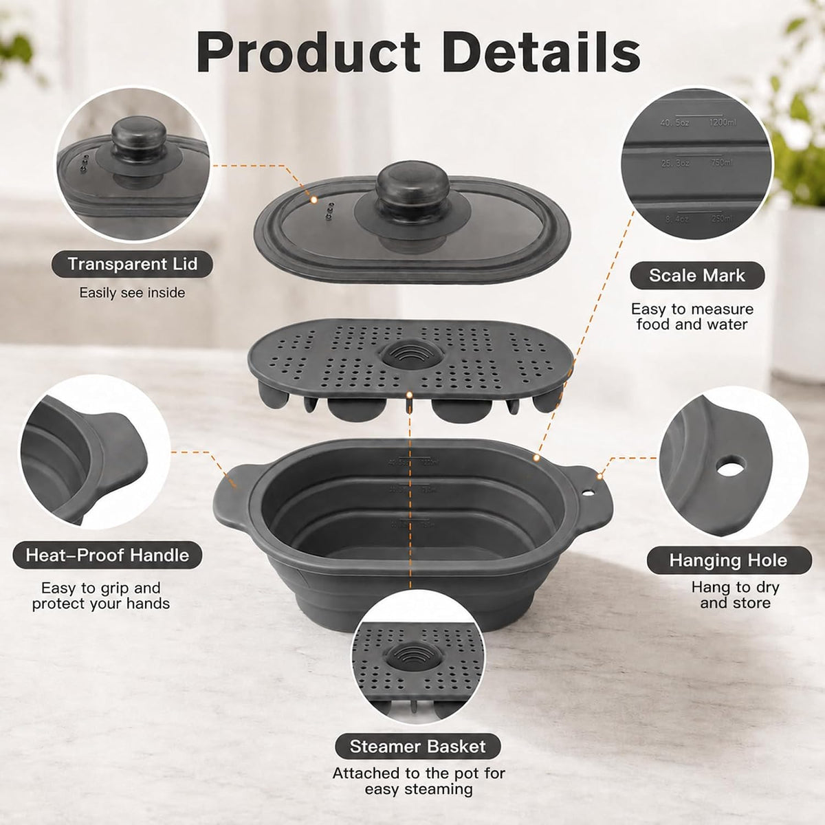 40oz Silicone Microwave Steamer For Cooking Food, Vegetable Steamer, Grey