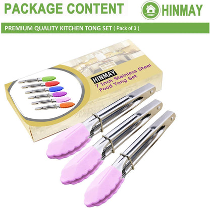 HINMAY Mini Stainless Steel Food Tongs with Silding Rings 7-Inch, Set of 6 | Small Clam Shell Service Tongs for Serving Appetizers, Desserts, Salads, Barbecue and Cooking (Silver)