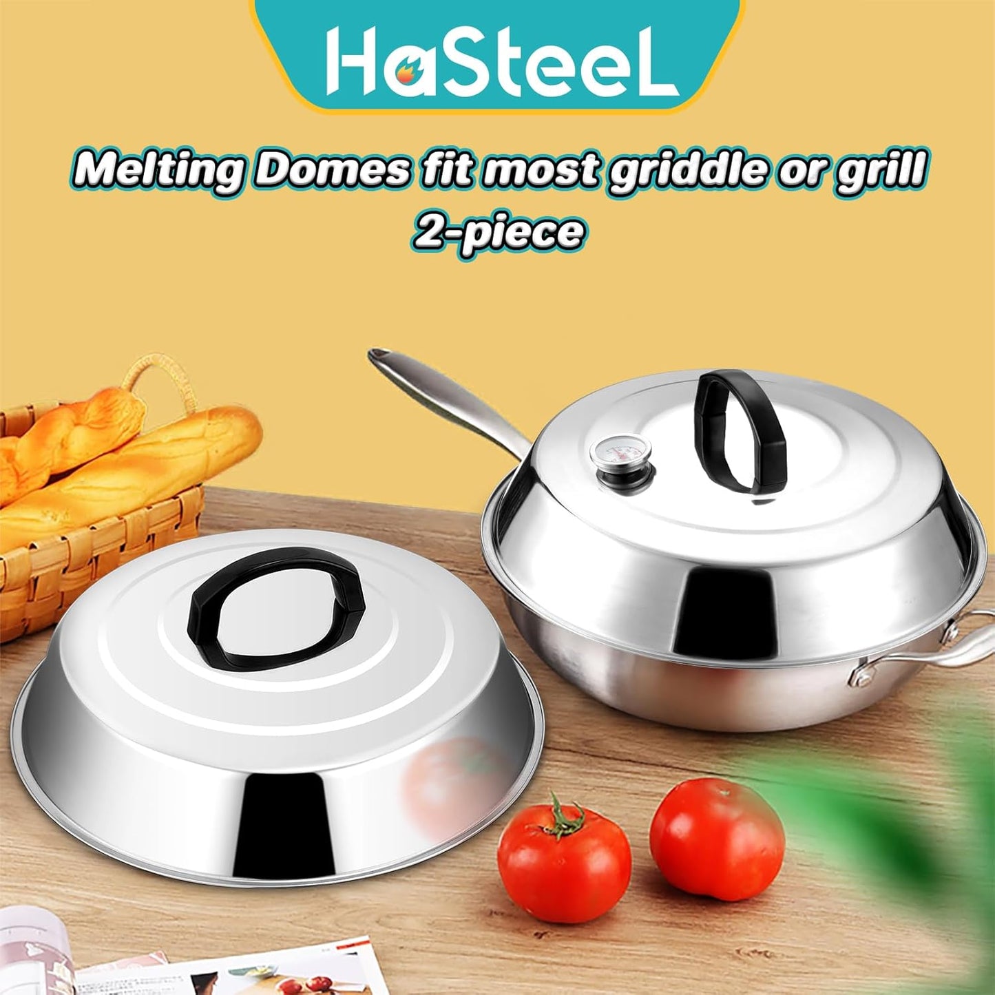 HaSteeL Cheese Melting Dome Set of 2, 12 Inch Round Basting Cover Metal Steam Cover, Stainless Steel Griddle Accessories for Flat Top Grill/Outdoor BBQ/Kitchen Cooking