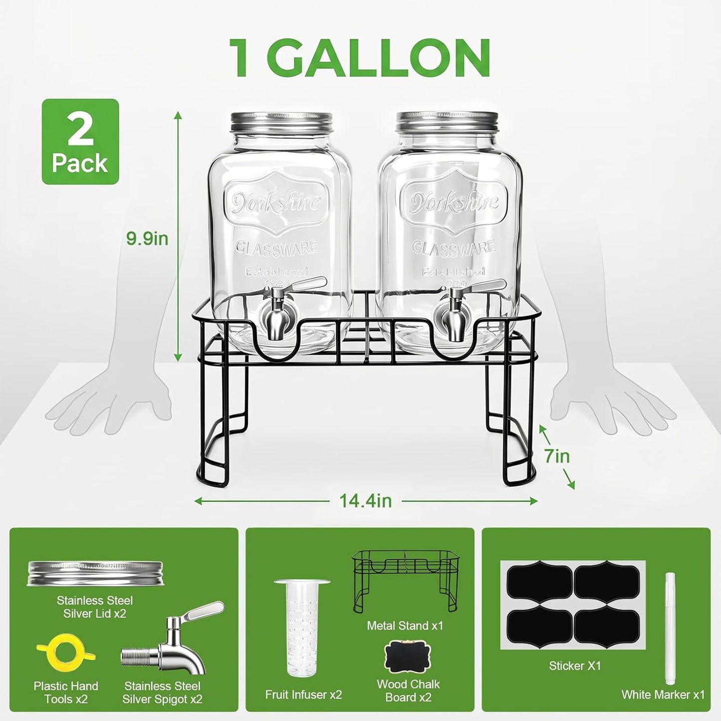 Accguan 1-Gallon Drink Dispenser,Glass Water Dispenser with Tin Lid and Stainless steel faucet,Black Iron Frame,Mason Drink Dispenser for Parties, Picnics, Barbecues and Daily,2 pack