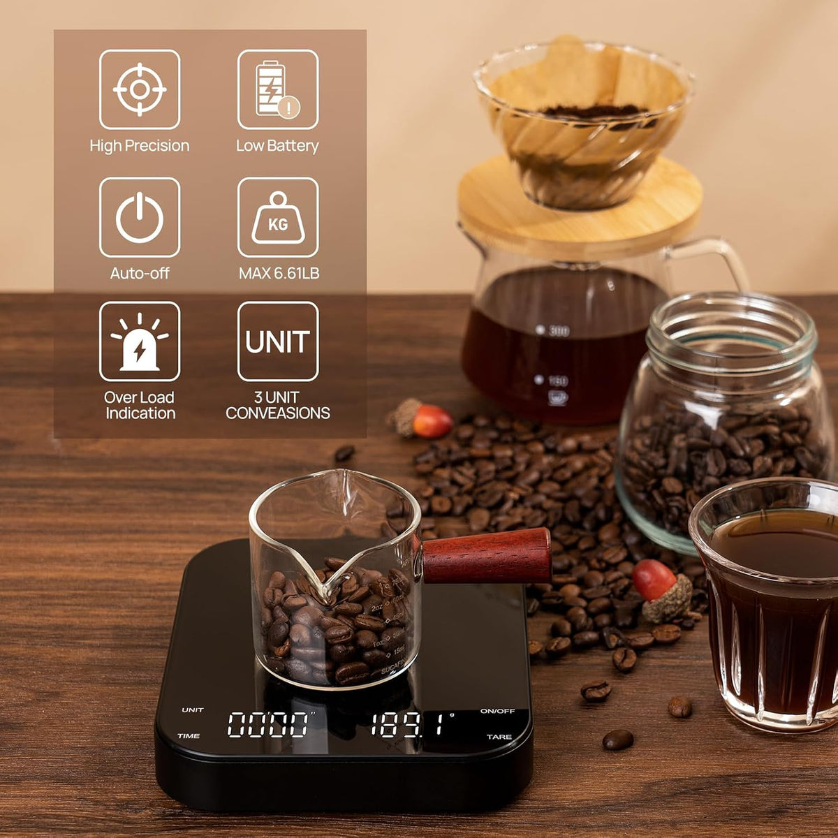 Meilen Mini Espresso Coffee Scale with Timer 0.1g Precise 2kg 4.4lb