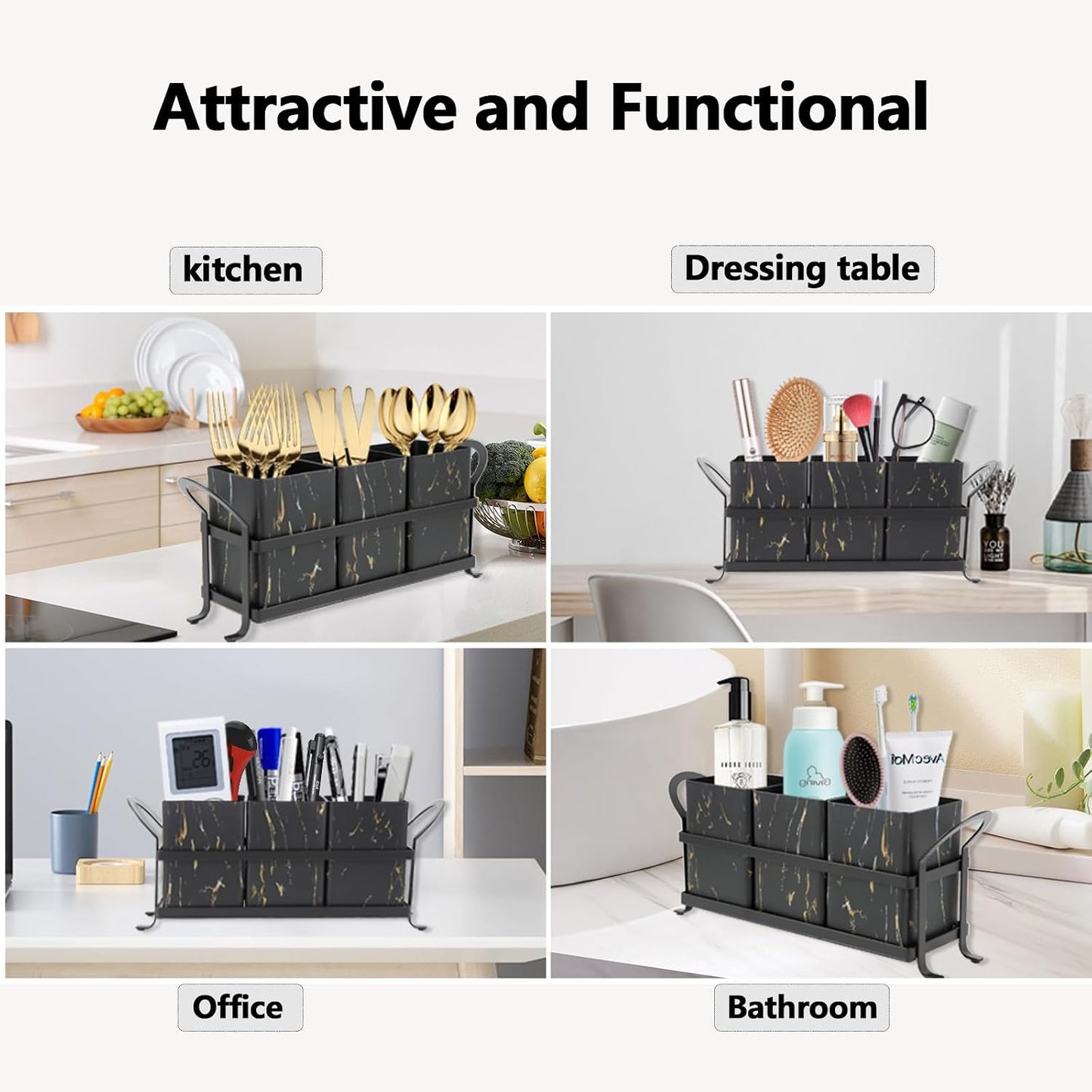 NelyBet Utensil Holder Silverware Caddy for Party Countertop, 3pcs Bins Set Silverware Caddy Organizer Holders for Spoon and Fork, White and Black