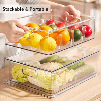 Mano Stackable Fridge Drawers Pull Out Bins with Handle Clear Refrigerator Drawers Organizer Food Storage Container Box with Dividers Plastic Produce Saver for Pantry, Cabinet, Kitchen, Clothes（7Pack）
