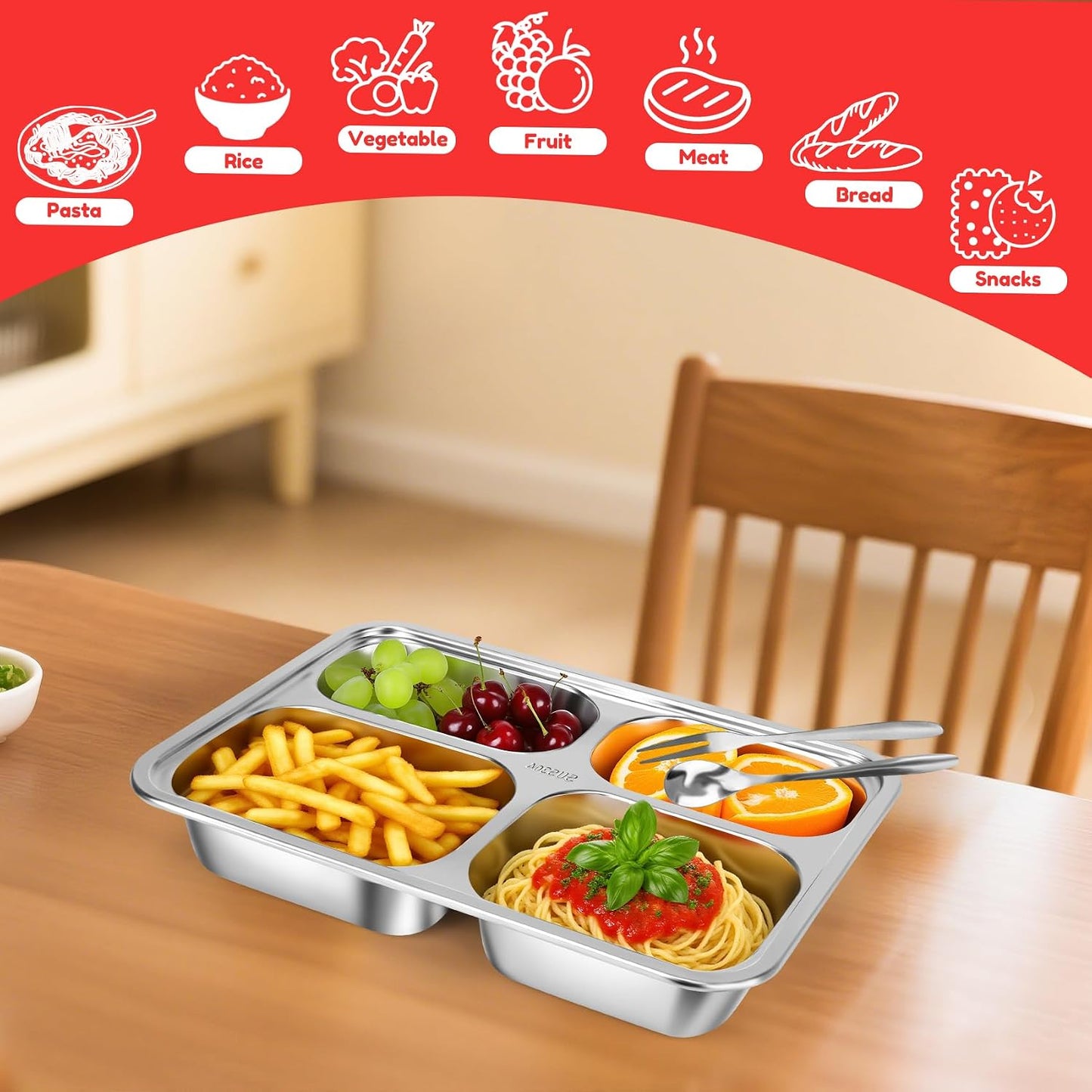 Stainless Steel Snack Containers with Lids 3 Pack, Reusable 4 Compartments Snack Containers Leak-Resistant Storage with 3 Spoons & 3 Forks, Divided Food Storage for Adults, Travel, Home & Office