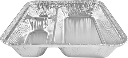 PACTOGO Large 3-Compartment Oblong Aluminum Foil Take-Out Pan Senior Feeding TV Dinner Entrée Tray w/Board Lid (Pack of 10 Sets)