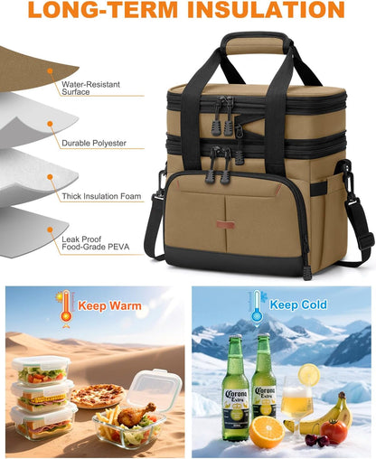 Pritent Lunch Box For Men Women Double Deck Insulated Lunch Bag For Men Woman Leakproof Expandable Cooler Bag with Adjustable Shoulder Strap for Kids Shool Work Picnic Camping(Beige,Large)