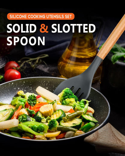 Large Silicone Cooking Spoons, 2 Pack Nonstick Solid and Slotted Wooden handle Spoon Set, Heat Resistan Silicone Kitchen Spoons for Cooking, Serving, Basting, Mixing (Khaki)