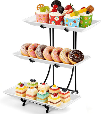 Yedio 3 Tier Serving Tray Set – 12 Inch Porcelain Serving Platters with Pre-Assembled Gold Metal Stand, No Installation Required, Tiered Tray for Dessert Fruit Food Display and Party Entertaining