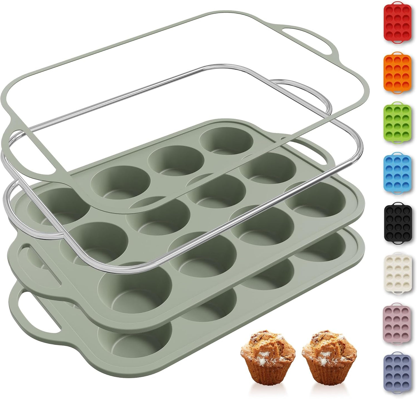 2 Packs 12 Cups Silicone Muffin Pan for Baking with Metal Reinforced Frame Regular Size Cupcake Pan Tray Egg Bites Silicone Cookie Molds Muffin Tin Tart Pans Sheet Set for Oven Dishwasher Safe