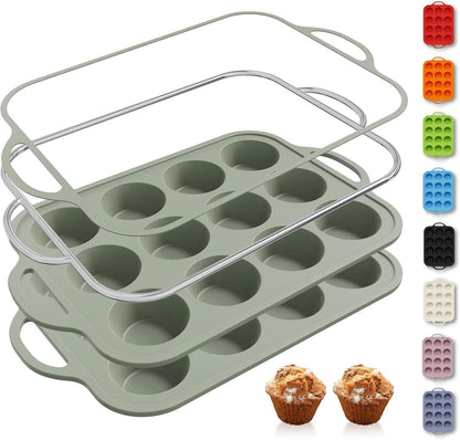 2 Packs 12 Cups Silicone Muffin Pan for Baking with Metal Reinforced Frame Regular Size Cupcake Pan Tray Egg Bites Silicone Cookie Molds Muffin Tin Tart Pans Sheet Set for Oven Dishwasher Safe
