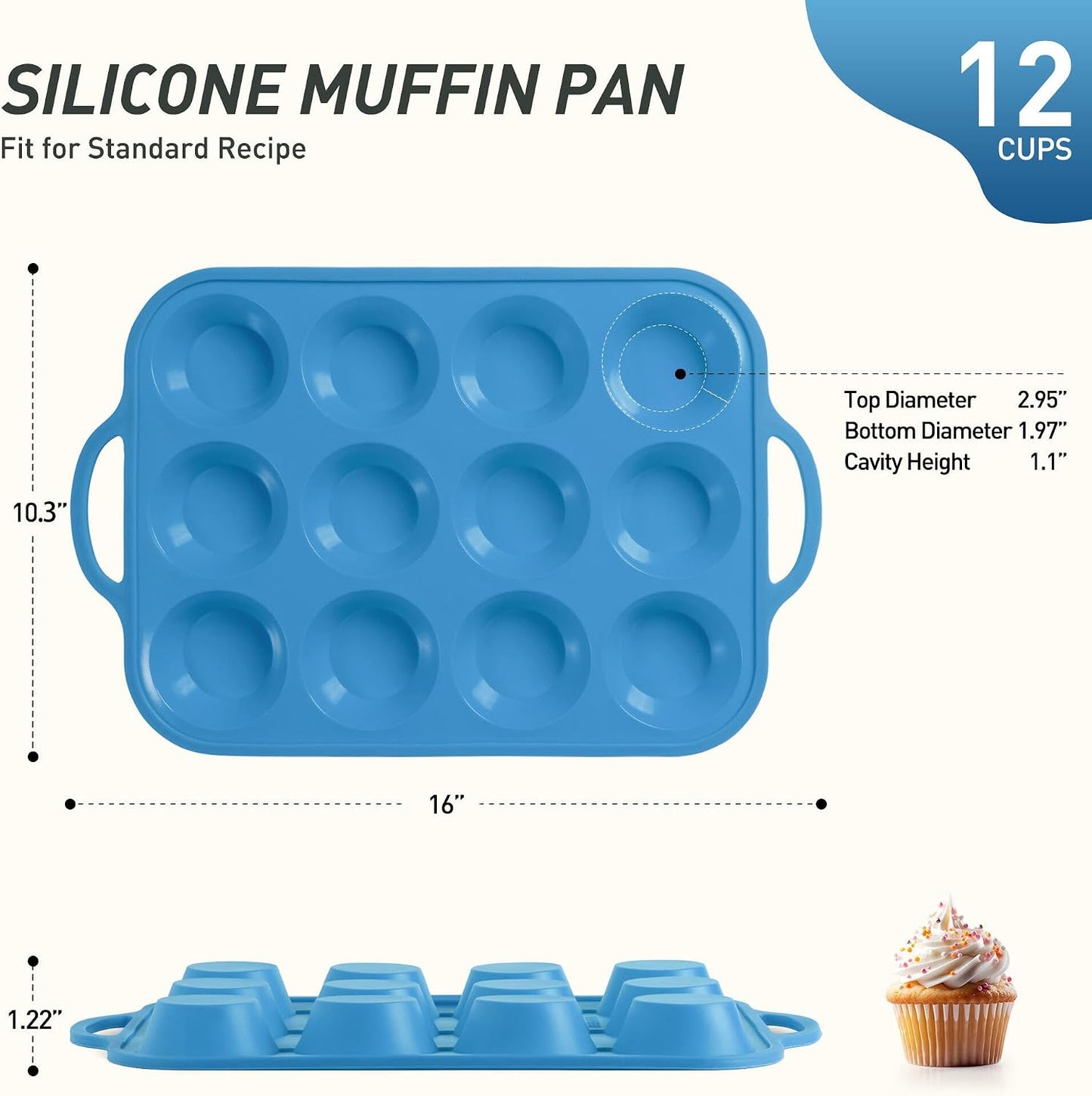 2 Packs 12 Cups Silicone Muffin Pan for Baking with Metal Reinforced Frame Regular Size Cupcake Pan Tray Egg Bites Silicone Cookie Molds Muffin Tin Tart Pans Sheet Set for Oven Dishwasher Safe