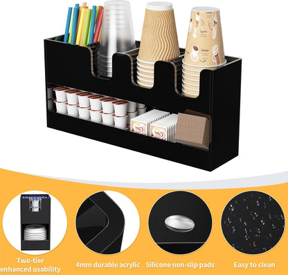 Coffee Condiment and Cup Organizer - 2-Tier Upright Cup and Lid Holder with Straw Organizer 2 Compartments Clear Acrylic Cup Dispenser for Restaurant Breakroom Coffee Station Countertop