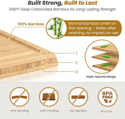 Bamboo Cutting Board Set with Stand, 3PCS Double-Sided Chopping Boards for Kitchen Meal Prep & Serving, Charcuterie, Juice Grooves & Side Handle, Ideal for Meat, Vegetables, Kitchen Essentials, Brown