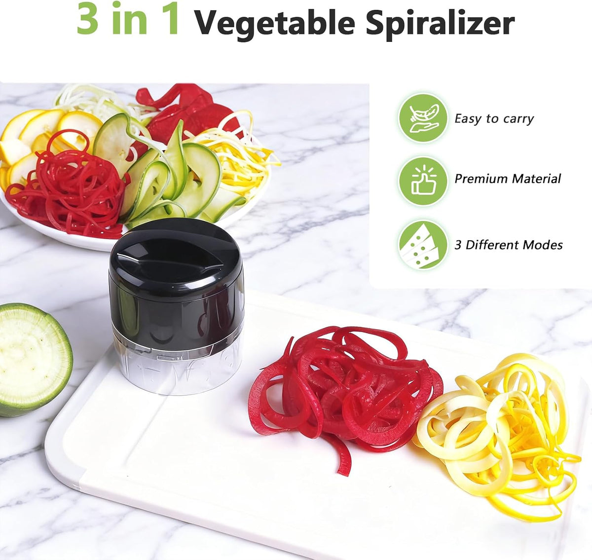 3-in-1 Vegetable Spiralizer Slicer, Adjustable Mandoline Spiral Cutter for Zucchini Noodles, Carrots, Cucumber (Green)
