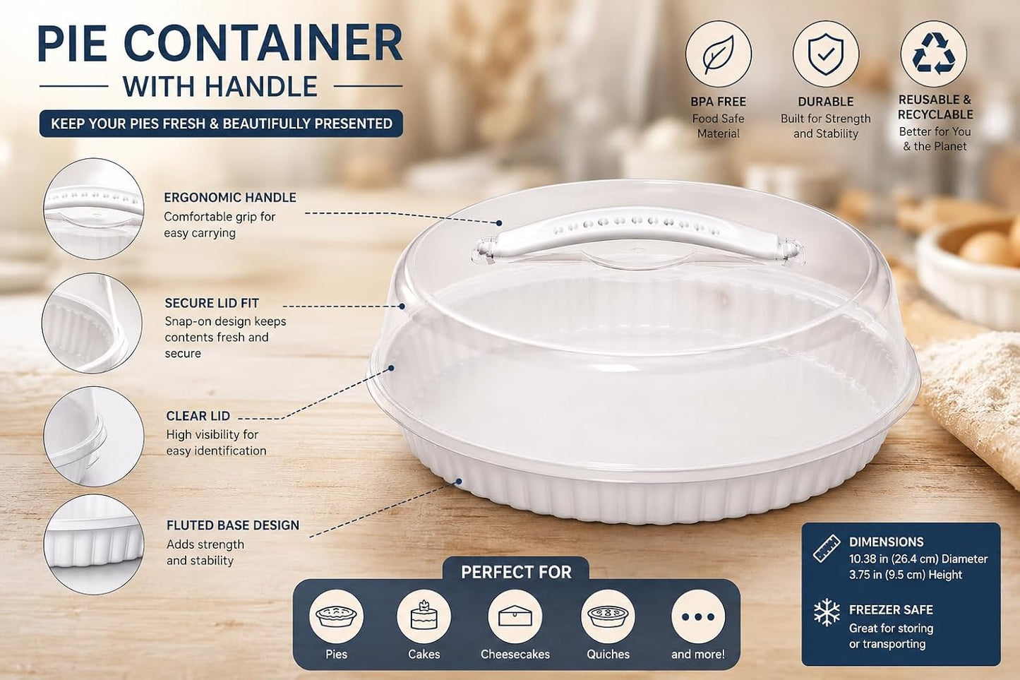 1-ct - Reusable Pie Container With Lid, 9" (Clear Lid) Transparent Pie Carrier Pastry Storage Durable Plastic Food Cakes Tarts & Desserts Container with Secure Lid for Transport & Storage