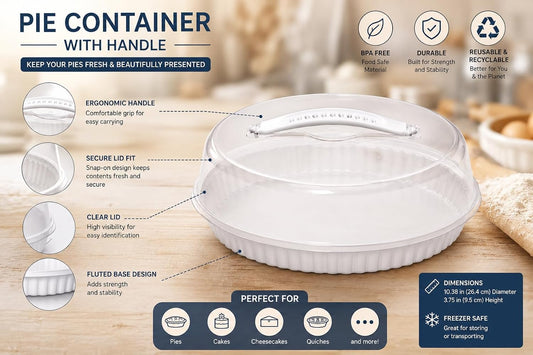 1-ct - Reusable Pie Container With Lid, 9" (Clear Lid) Transparent Pie Carrier Pastry Storage Durable Plastic Food Cakes Tarts & Desserts Container with Secure Lid for Transport & Storage