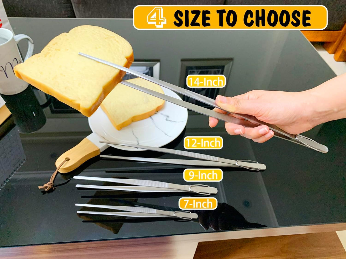 JETKONG 3 Pcs Extra Long Kitchen Tweezers 9 12 14 Inch Heavy Duty Stainless Steel Cooking Tweezers (Round Tips, Silver)