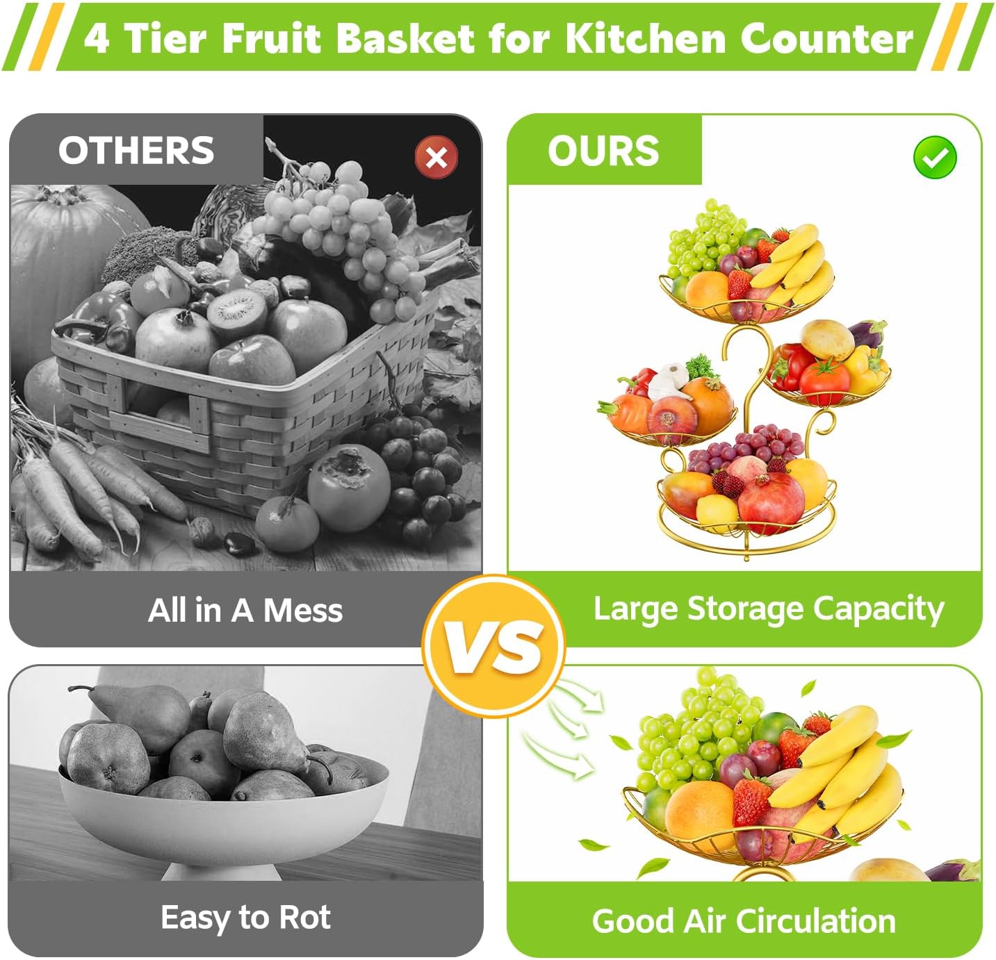 PouHenier.jh 3 Tier Rotating Fruit Basket Bowl, Kitchen Counter Wire Produce Organizer Holder, Stable Vegetable Storage Stand with 2 Banana Hangers, Countertop Tiered Veggie Rack, Easy Setup, Black