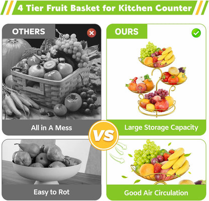 PouHenier.jh 3 Tier Rotating Fruit Basket Bowl, Kitchen Counter Wire Produce Organizer Holder, Stable Vegetable Storage Stand with 2 Banana Hangers, Countertop Tiered Veggie Rack, Easy Setup, Black