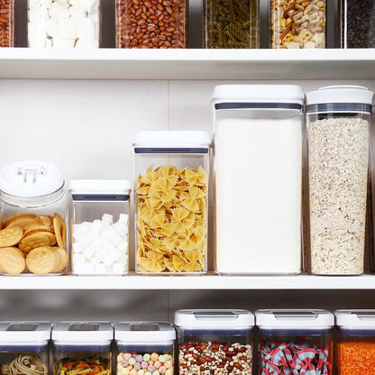 Felli Flip Tite Acrylic Food Storage Container with Lid 6” XL Air Tight Ring Seal Flip Top, Plastic Kitchen Baking Canister for 5 lb Flour Sugar Rice Protein Powder Pantry Organizer (Nest-M, White)