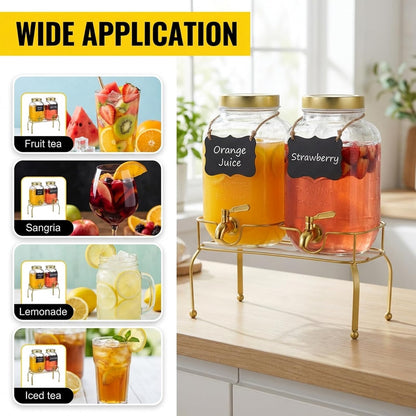 1 Gallon Glass Drink Dispenser Set of 2 – Drink Dispensers for Parties, Beverage Dispenser with Stand & 100% Leakproof Spigot, Ideal for Lemonade, Juice, Laundry Detergent Dispenser