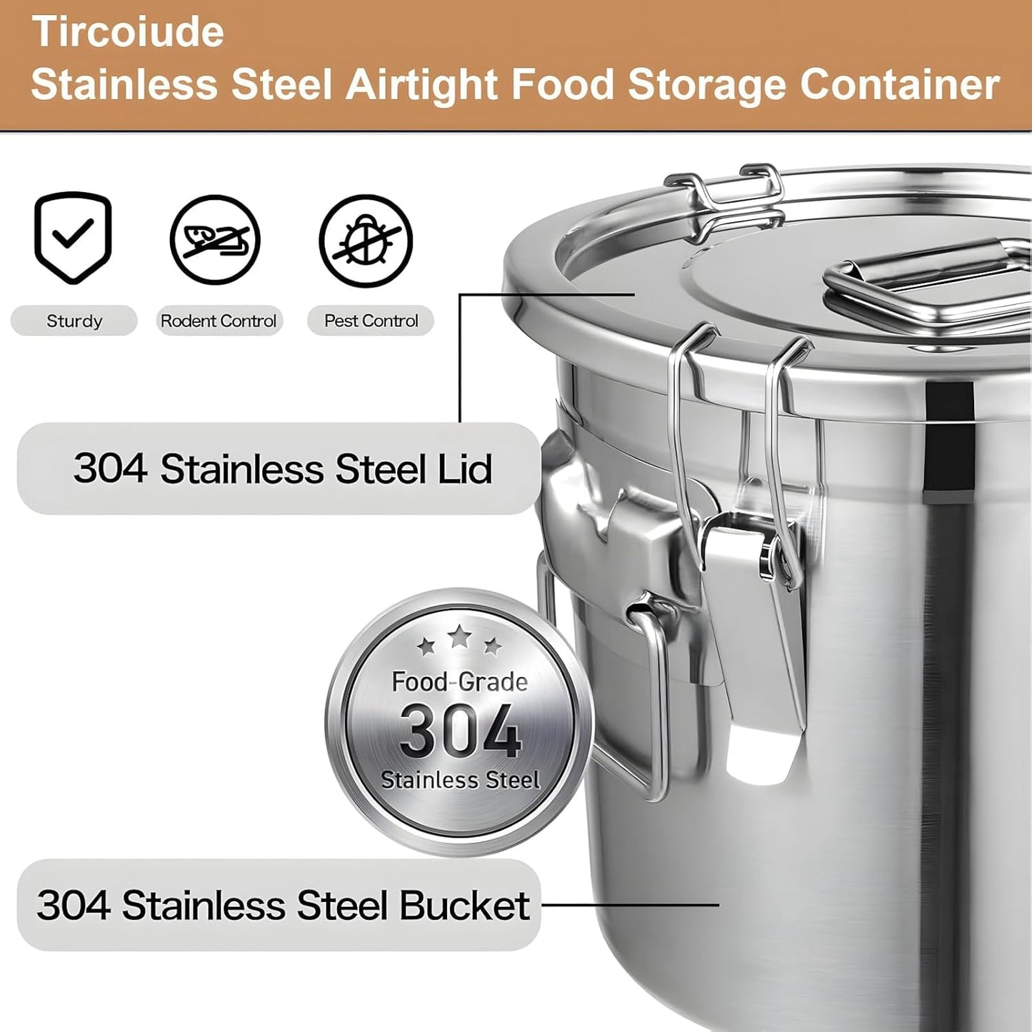 25lb Stainless Steel Containers with Lids, 12L/3.1gal 304 Stainless Steel Storage Containers, Metal Bird Seed Storage Container for Rice Flour Sugar Grain Coffee Bean Kitchen Jar