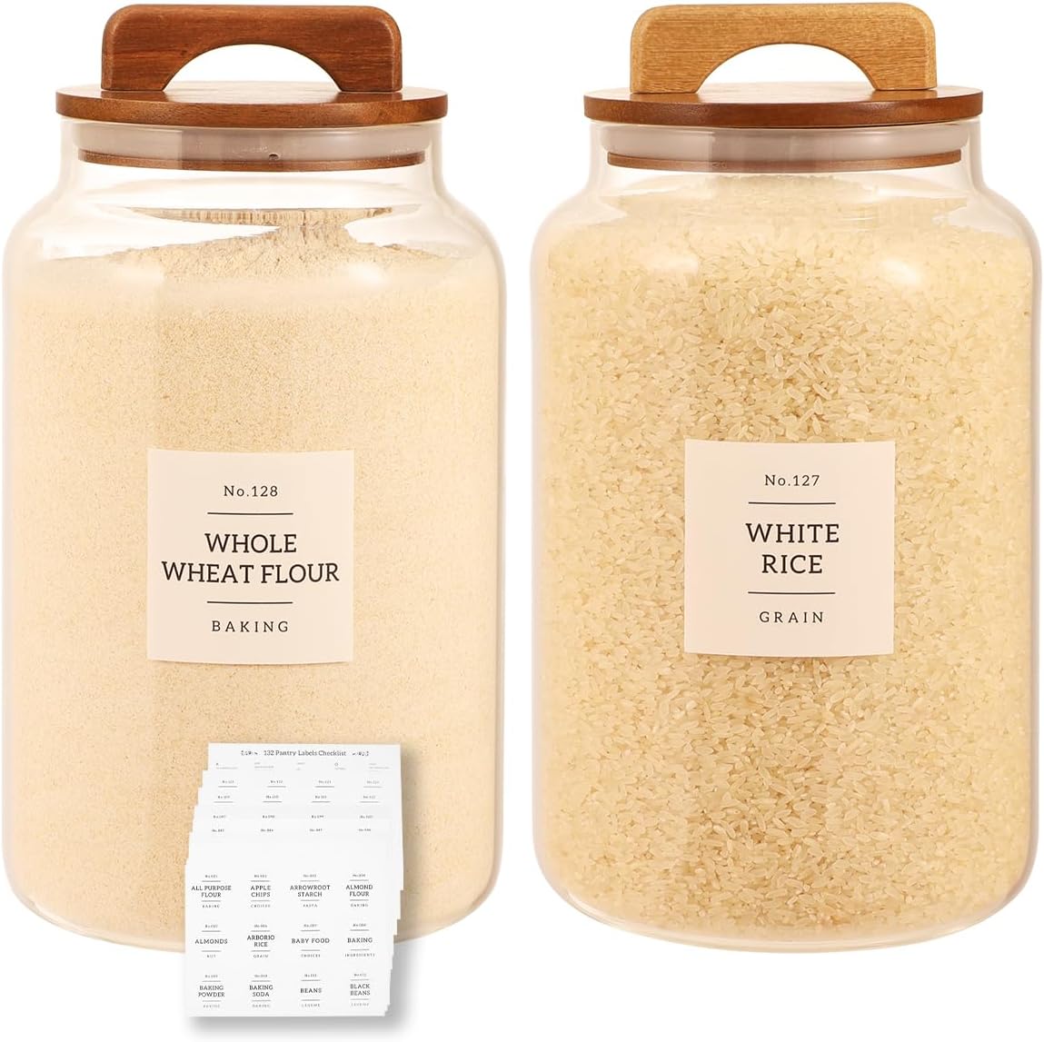 2 Pack Large Glass Flour and Sugar Containers with 132 Pantry Labels - 64 FL OZ Glass Canisters with Bamboo Airtight Lids - Farmhouse Glass Cookie Jars for Rice, Pasta, Cereal, Bath Salt