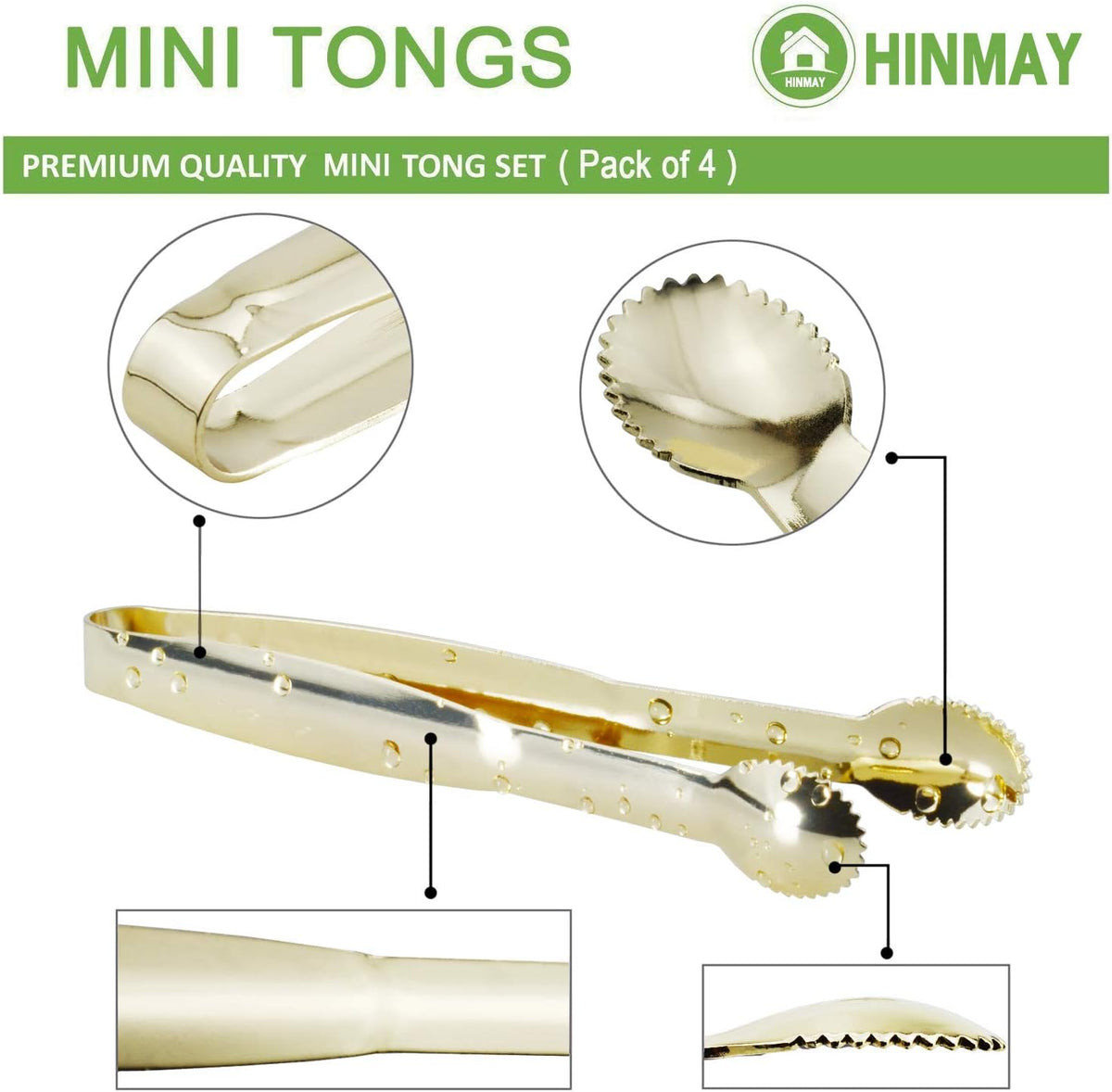 HINMAY Mini Appetizer Tongs 5.75" Stainless Steel Tongs, Set of 4 (Gold)
